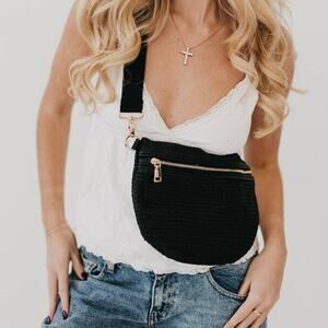 Rachel Raffia Woven Crossbody Sling Belt Bag Black